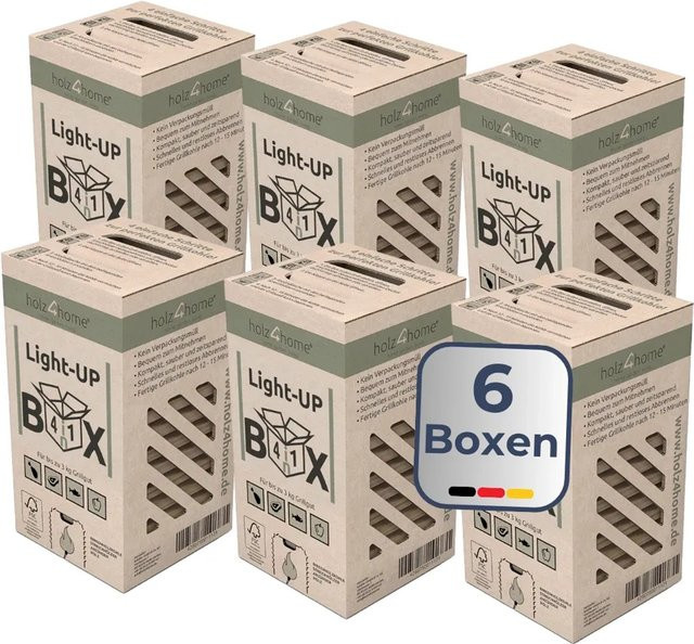 DELUKE 6er Set Grillanzünder Box mit Eichenholzkohle, Holzleisten und Paraffin in Hellbraun/Beige - Bild 1