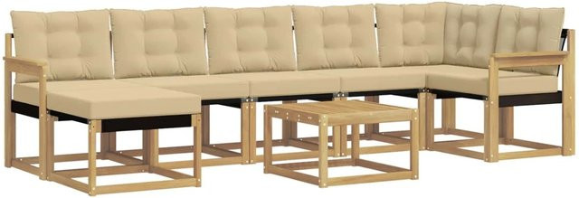 vidaXL Outdoor-Sofagarnitur 8-teilig in L-Form mit Kissen und Couchtisch, Weiß und Beige, Akazienholz - Bild 1