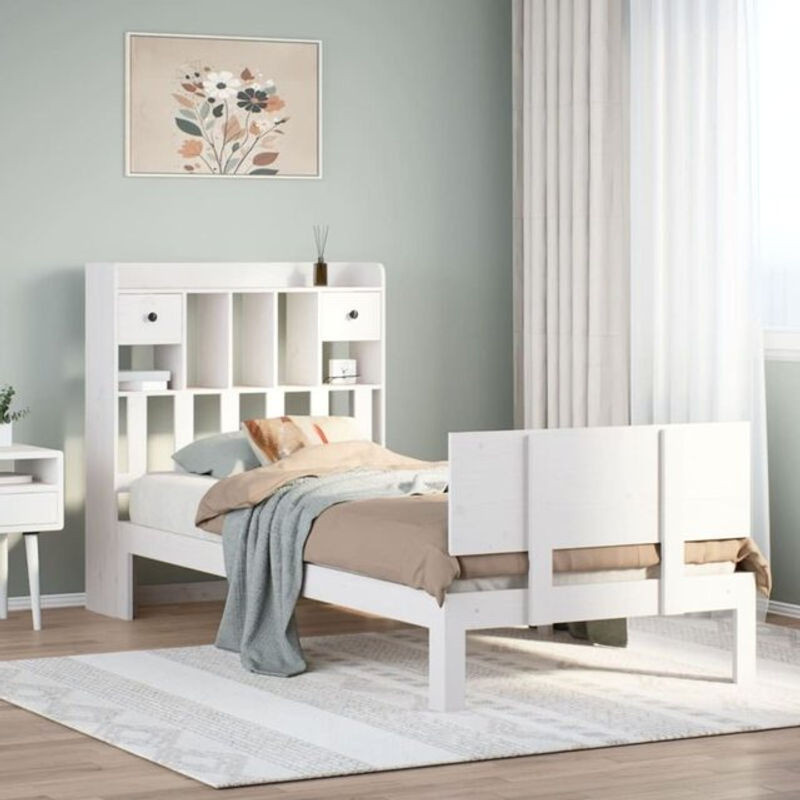 Massivholzbett aus Kiefer mit Regal in Weiß von Vidaxl, B/L: 75 x 190 cm - Bild 1