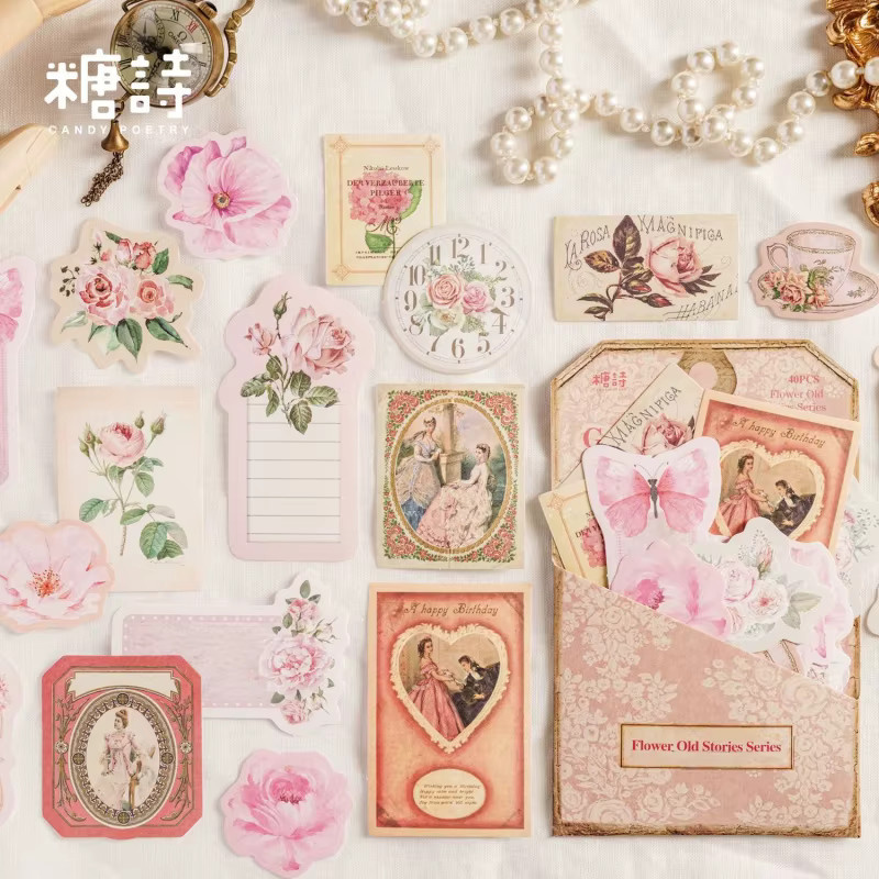 40 Stück Vintage Blumen Aufkleber randlos in Multicolour für Scrapbooking und DIY Album Gestaltung - Bild 1