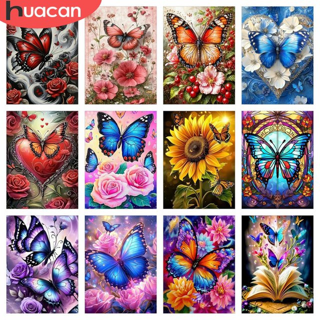 HUACAN 5D DIY Diamant-Mosaik Set Schmetterling und Rosenblüten in Multicolour mit runden Diamanten zur Wanddekoration B: 40,0 cm, H: 30,0 cm - Bild 1