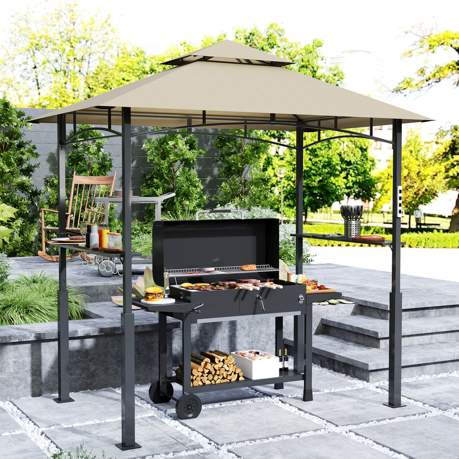 Outsunny Grill-Pavillon mit Doppelverdeck und LED-Licht in Beige, Gartenüberdachung mit Deckenhaken und 2 seitlichen Ablagen, B/T/H: 240 x 150 x 250 cm - Bild 2