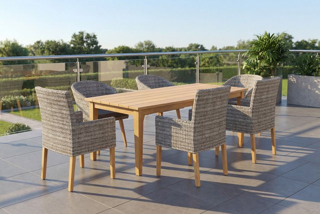 OUTFLEXX Borneo/Kota Garten-Essgruppe aus Akazie, Alu und Polyrattan in Natur/Grau-Meliert mit Tisch und 6 Stühlen (3 Cocktail- und 3 Landhaussessel), B/T/H: 220 x 100 x 90 cm - Bild 1