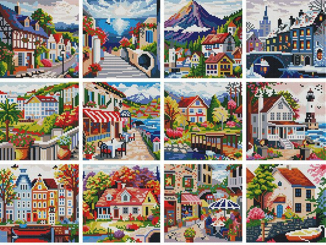 Huacan 12er Set Diamant-Mosaik-Stadt Mini-Diamantgemälde Landschaft rund in Multicolour - Bild 1