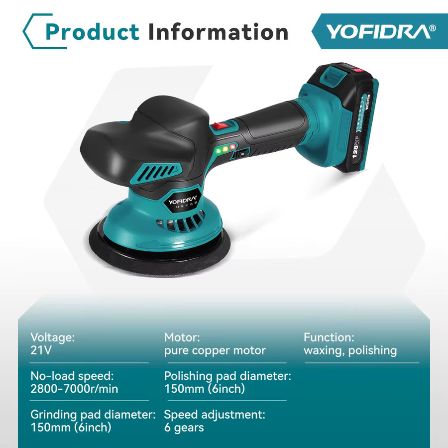 YOFIDRA Elektrische Autopoliermaschine mit 6 Gängen, kabellos, 7000 RPM, 150 mm Durchmesser, kompatibel mit Makita 18V Akku - Bild 6