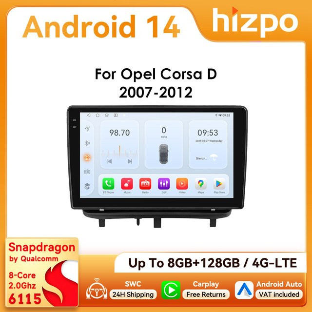 Hizpo 2Din Android 14 Autoradio für Opel Corsa D 2007 - 2012 mit 9 Zoll Display, Snapdragon 6115, CarPlay, 4G, Bluetooth, GPS und DSP in Schwarz - Bild 1
