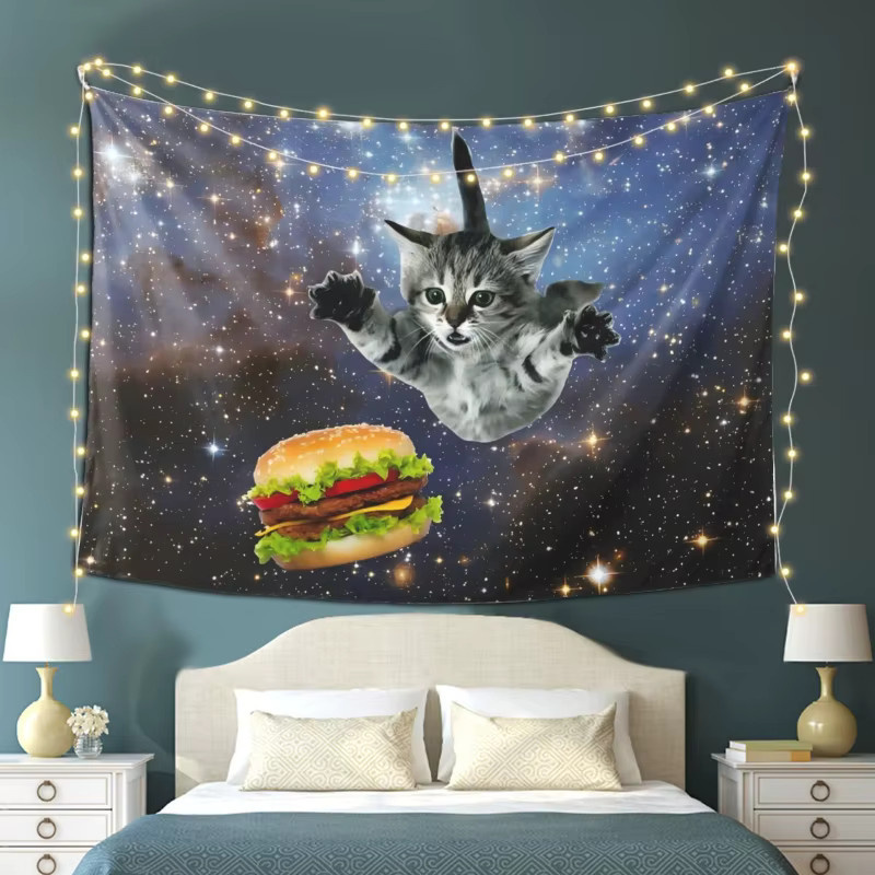 VIKAMA Space Cat Burger Wandteppich mit psychedelischem Katzen-Motiv in Multicolour - Bild 2