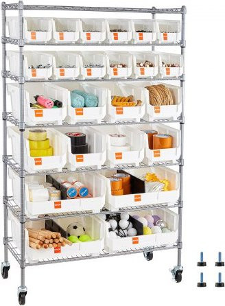 VEVOR Standregal mit 7 Ebenen und 24 Stapelboxen aus Stahl, Mobiles Lagerregal mit Rollen für Garage, Büro und Küche, B/T/H: 35,5 x 30,0 x 148,0 cm - Bild 1