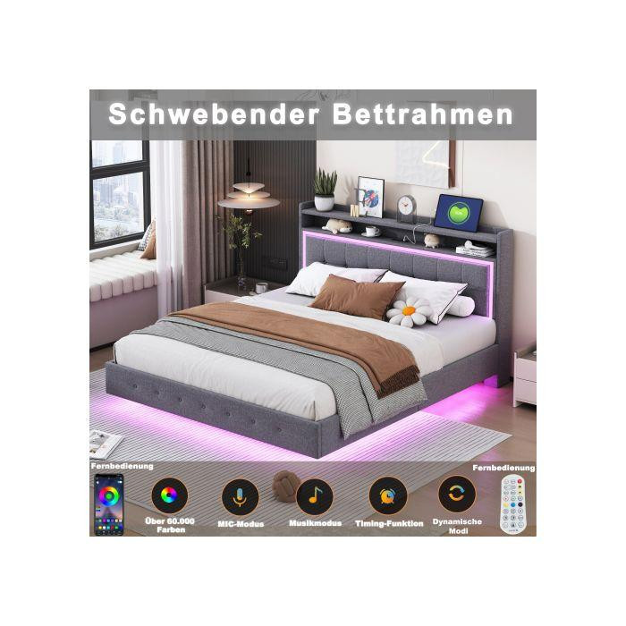 Gepolstertes Bett MUVOE in Grau aus Leinenstoff mit USB-Anschluss und LED-Beleuchtung, B/T: 160 x 200 cm - Bild 2