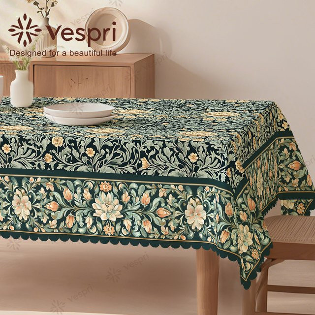 Vespri Frühlingstischdecke mit Blumenmuster in Grün und Weiß für Ostern und Frühling - Bild 1