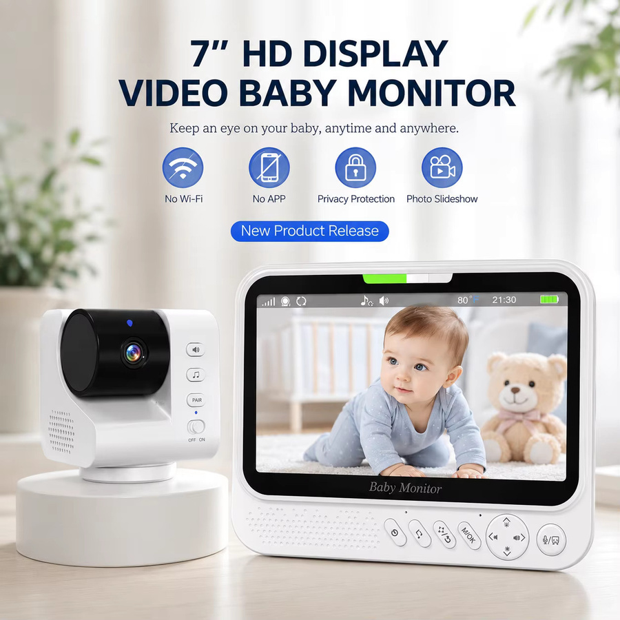 Aurovue Video-Babyphone mit 7,0 Zoll Display, PTZ-Kamera mit Schwenk-Neige-Funktion und 4-fach Zoom, Nachtsicht, Zwei-Wege-Audio und VOX-Aktivierung, Weiß - Bild 6