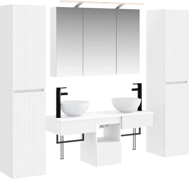 vidaXL Badezimmermöbel-Set 6-teilig in Weiß, modern mit Spiegelschrank, Wandschrank und Waschtischunterschrank aus Holz und Glas mit LED-Beleuchtung - Bild 1