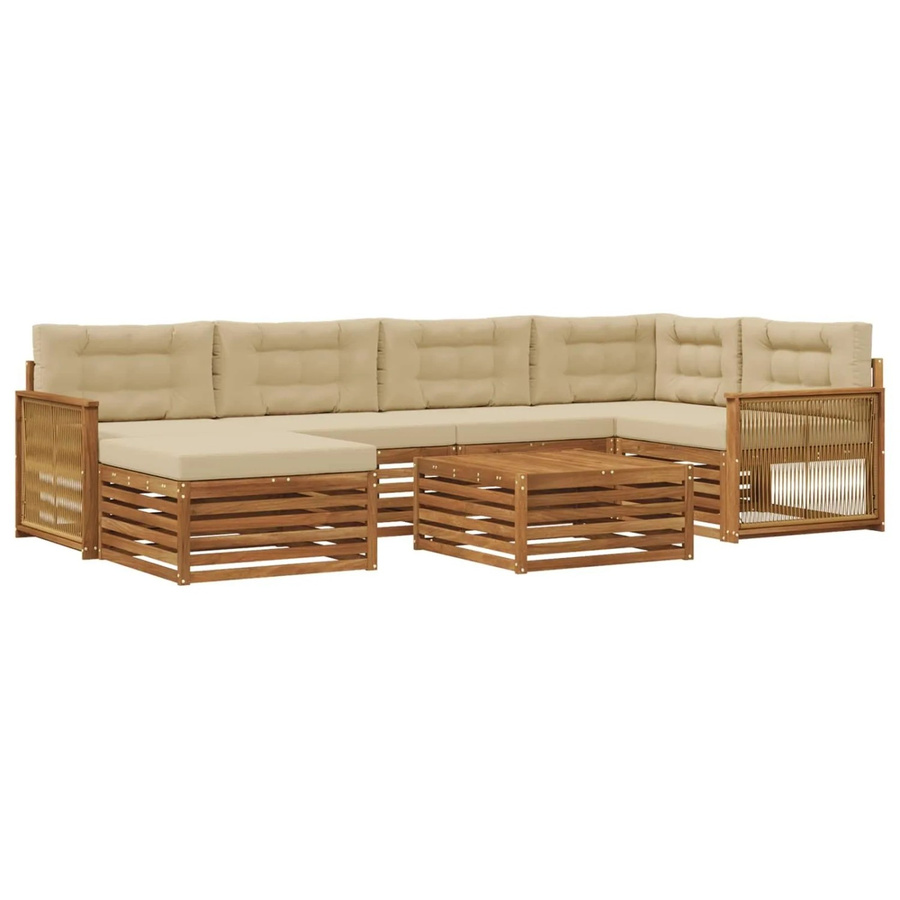 vidaXL Outdoor-Sofagarnitur in L-Form aus Akazienholz mit 7 Kissen, Natur und Beige - Bild 2