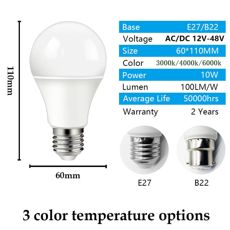 Gatetop Niederspannungs-LED-Lampe A60 mit E27 Sockel, 10W, 12V AC/DC für Solar-LED-Beleuchtung - Bild 3