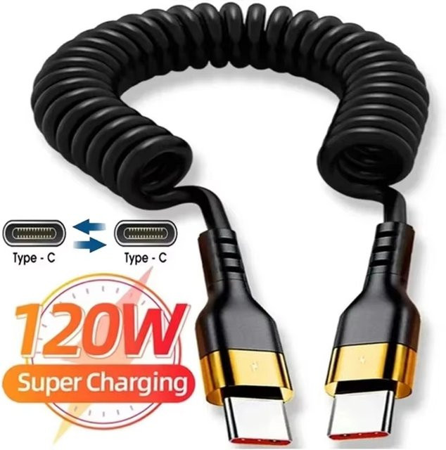 USB-C auf USB-C Auto-Federkabel PD 120 W Superschnelllade-Datenkabel in Schwarz für iPhone 15, Xiaomi und Samsung - Bild 1