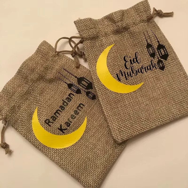 2 Stück Eid Mubarak Ramadan Kareem Geschenktüten aus Jute in Braun für Kinder und Familien - Bild 2