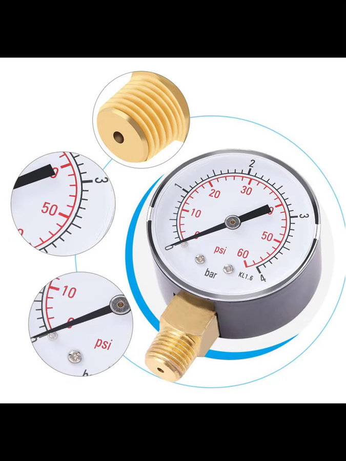 YOSOO Mini-Druckmesser TS-50 in Silber und Weiß, Messbereich 0-4bar/0-60psi, Anschluss 1/4" NPT, geeignet für Luft, Öl und Wasser - Bild 3