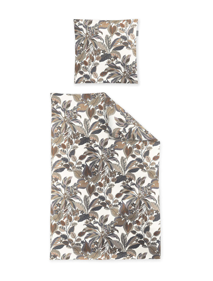 Irisette Wave Mako-Satin Bettwäsche mit floralem Blätter- und Blütenmuster in Grau, Braun und Beige, B/H: 155 x 220 cm mit Kissenbezug 80 x 80 cm - Bild 1
