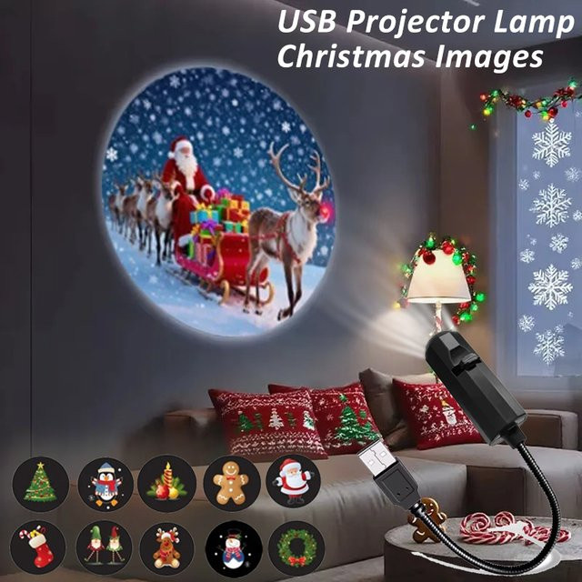LINYILIGHT LED-Weihnachtsprojektorlicht in Schwarz mit 4/10 Modi und USB-Anschluss für Weihnachtsmann, Schneemann und Elch Projektionen - Bild 1