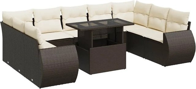 vidaXL 10-tlg. Garten-Sofagarnitur in L-Form aus braunem Poly-Rattan mit Kissen und Metallrahmen - Bild 1