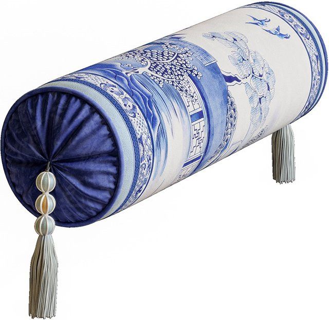 Formaso Zylinderkissen im chinesischen Stil aus Samt in Blau-Weiß mit Porzellan-Design - Bild 1