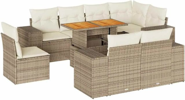 vidaXL 9-tlg. Garten-Sofagarnitur in L-Form mit Kissen und Couchtisch, Beige, Poly-Rattan und Akazienholz - Bild 1