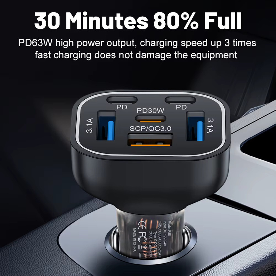 63W Autoladegerät mit 3 USB-A und 3 USB-C Anschlüssen sowie farbigem Atemlicht für Xiaomi, iPhone und Samsung - Bild 2