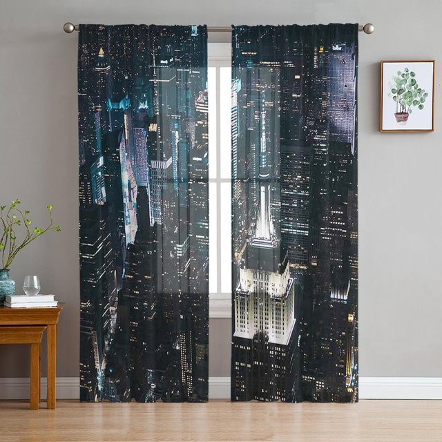 Transparente Vorhänge New York City Nachtansicht aus Organza-Tüll in Grau, Breite: 135 cm, Höhe: 115 cm - Bild 1