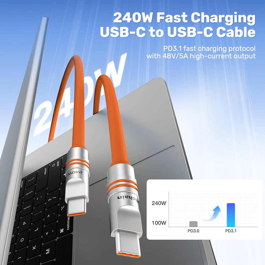 Hichain 2er-Pack USB C auf USB C Schnellladekabel PD240W aus weichem Flüssigsilikon und Zinklegierung in Orange - Bild 6