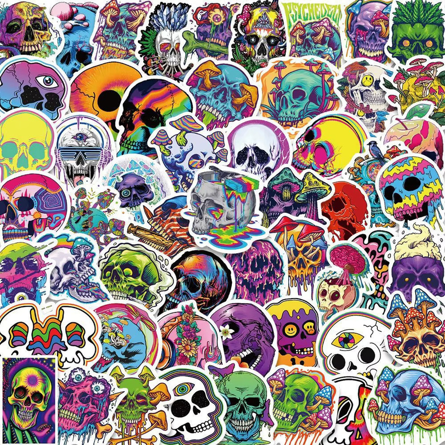 55 Stück psychedelische Totenkopf-Aufkleber in Multicolour, wasserfeste Sticker für deine Dekoration von RecordingYourLife Store - Bild 2