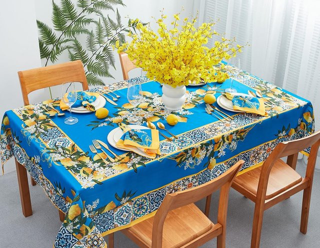 Wasserdichte Tischdecke JINGYUE Pet mit Zitronen- und Blumenmuster in Blau und Gelb, Rechteckig, B/B: 140 x 180 cm - Bild 1