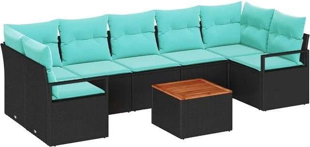 vidaXL Gartensofa-Set 8-teilig aus Poly-Rattan und Akazienholz in Schwarz mit türkisen Kissen und Tisch - Bild 1