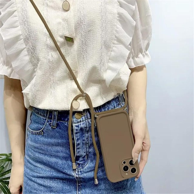 Silikon-Handyhülle mit verstellbarem Crossbody-Lanyard-Trageband für Xiaomi Mi 14T 13T 12T 11T Pro 13 12 11 Lite in Braun - Bild 1