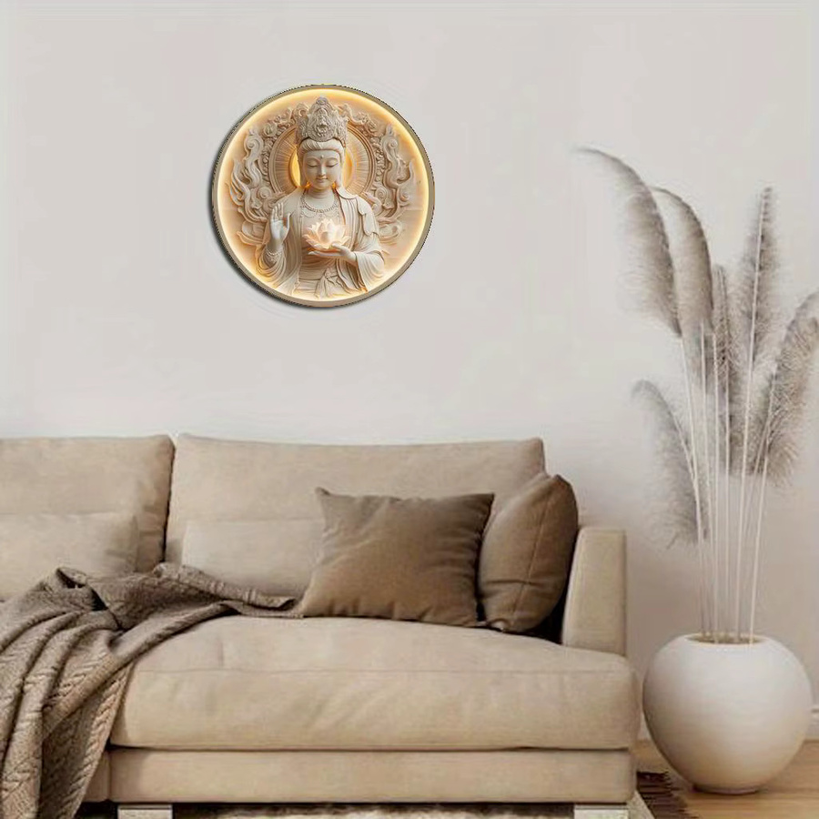 Potdemiel Rundes Vintage Wandbild Guanyin Bodhisattva aus Aluminium mit Blumenmotiv Durchmesser: 20 cm - Bild 3