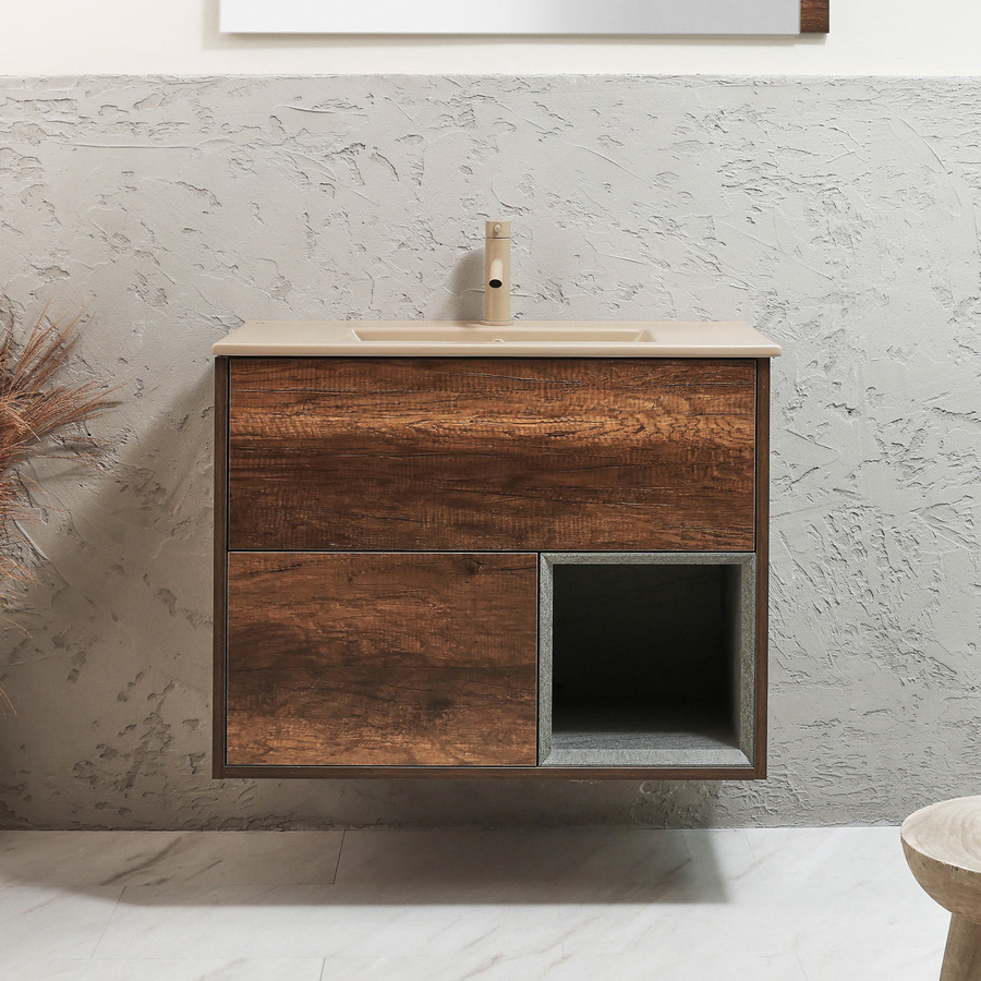 Hängender Waschtischunterschrank HudsonReed Hoxton in Braun mit integrierter Beleuchtung und Elements-Waschbecken, Breite: 80 cm - Bild 1