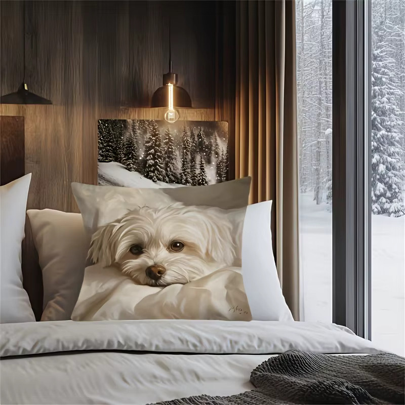 VIKAMA Malteser Hund Kissenbezug mit Kunstdruck in Beige-Weiß, quadratisch, Breite: 45 cm, Höhe: 45 cm, Tiefe: 45 cm - Bild 3