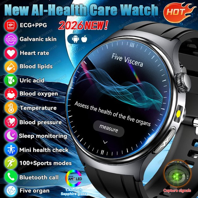 GUHUAVMI Smartwatch mit KI-Diagnose, EKG und PPG zur Messung von Blutdruck, Harnsäure und Körperfett, wasserdicht, in Blau oder Schwarz - Bild 1