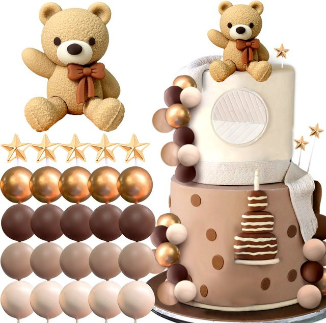 LaVenty Boho Bären Kuchendekoration in Beige und Braun für Babyparty oder Geburtstag - Bild 1