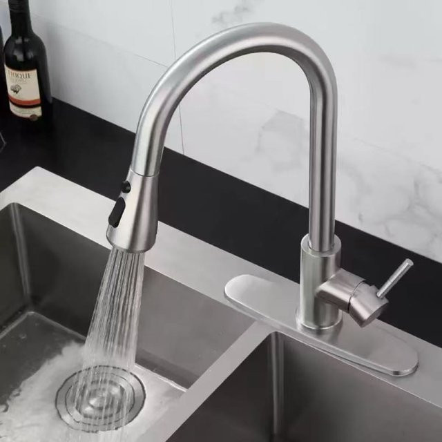 DQOK Küchenarmatur mit Einloch-Ausziehbrause und Sprühkopf in Chrom und Schwarz - Bild 1