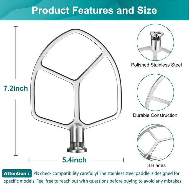 Airkitrep Flachrührer aus poliertem Edelstahl für KitchenAid 5-6 Quart Bowl-Lift Standmixer, Farbe: Silber - Bild 1