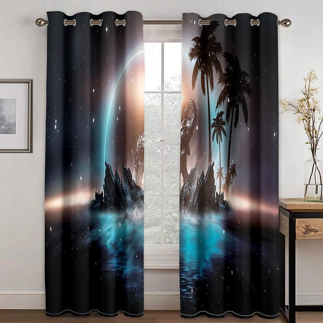 Yiran Furniture Vorhang mit 3D Digitaldruck Bizarre Landschaft Tiermuster in Navy Blau, zweiteilig, semi-transparent, B: 50 cm, H: 130 cm - Bild 1