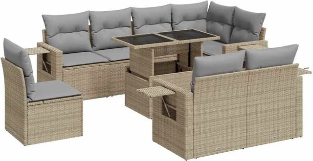 vidaXL 9-tlg. Garten-Sofagarnitur in L-Form aus Poly-Rattan in Beige-Grau mit UV-beständigen Kissen und pulverbeschichtetem Stahlgestell - Bild 1