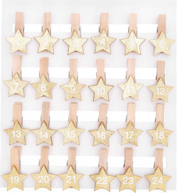 Rico Design Adventskalender Holzclips Sterne in Gold, Größe: 3,5 cm - Bild 1