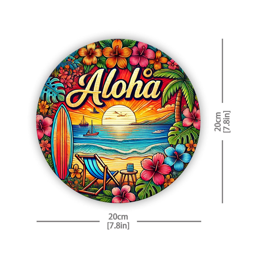 Potdemiel Hawaiianisches Aloha Wandschild aus Metall, Runde Türdekoration mit Blumenkranz und Strandmotiv, Mehrfarbig, Durchmesser: 20 cm - Bild 2