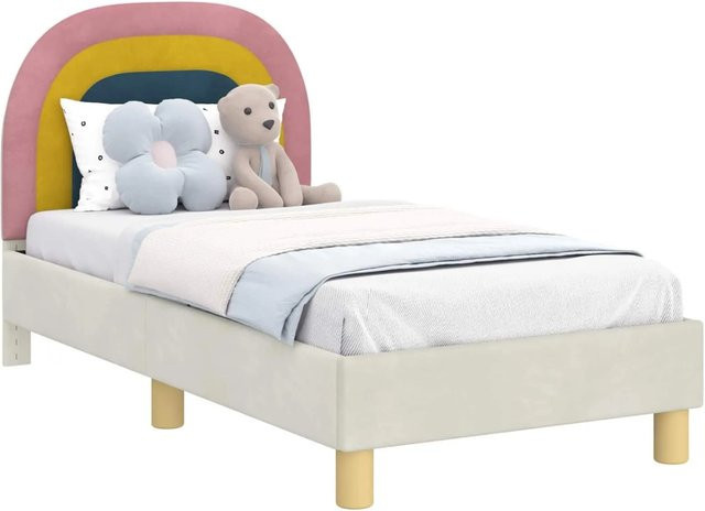 vidaXL Kinderbettgestell mit Kopfteil aus Samt in Creme, B/T: 140 x 70 cm - Bild 1