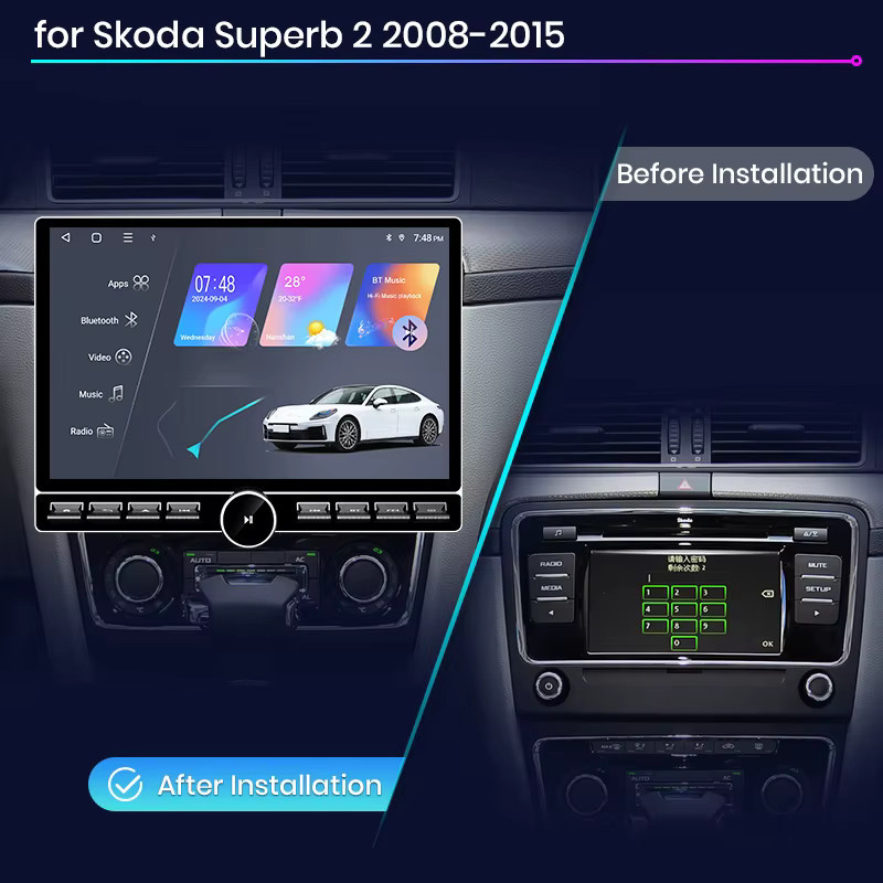Junsun QLED Wireless CarPlay Android Auto Autoradio für Skoda Superb 2 (2008-2015) mit 13,1 Zoll Display, GPS, Bluetooth und DSP in Schwarz - Bild 2