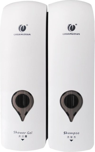 CHUANGDIAN Wandmontierter manueller Doppelkopf-Seifenspender für Duschgel und Shampoo, Weiß, 2 x 300 ml - Bild 1