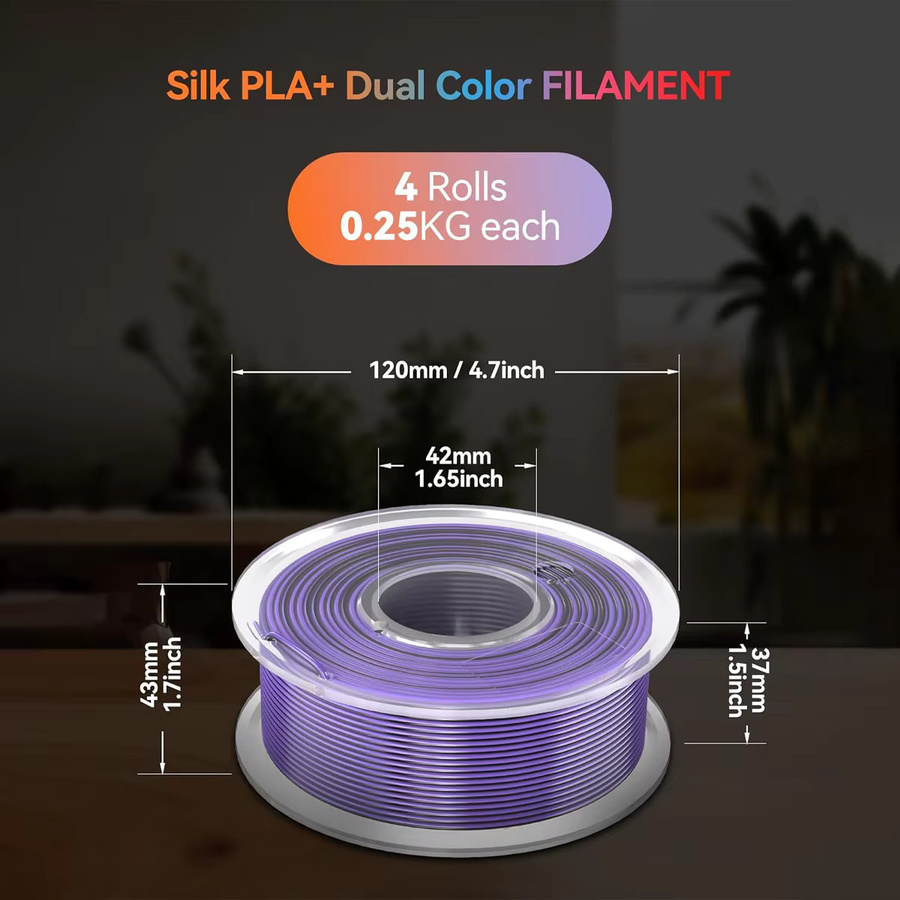 3D Maliang Seidenfilament-Bundle für FDM 3D-Drucker, zweifarbig glänzende Struktur, Farben: Schwarz, Lila und Multicolour, 4 Rollen à 250 g, Gesamtgewicht 1 kg - Bild 2
