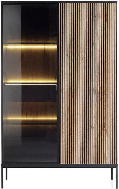 Vitrinenschrank Ovila Vente-unique in Schwarz und Naturfarben Dunkel mit Rauchglas, LED-Beleuchtung und Glastüren, Breite: 103,5 cm - Bild 1
