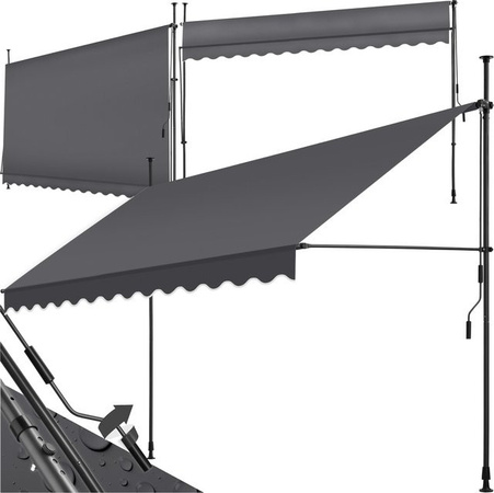 tectake Klemmmarkise mit Handkurbel, UV-beständig, höhenverstellbar 211 - 304 cm, Schwarz Grau, B: 350 cm, H: 180 - 304 cm
